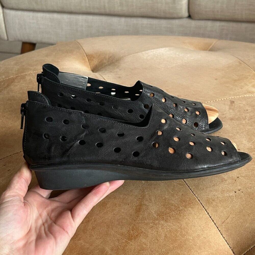 Sesto Meucci Black Sandals Soft Leather Perforated Comfort Wedge Italy Women 38 - Picture 5 of 10
